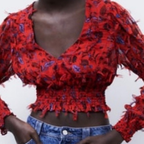 Zara Red Cropped Top V Neck Ling Sleeves Size XL - Picture 2 of 11